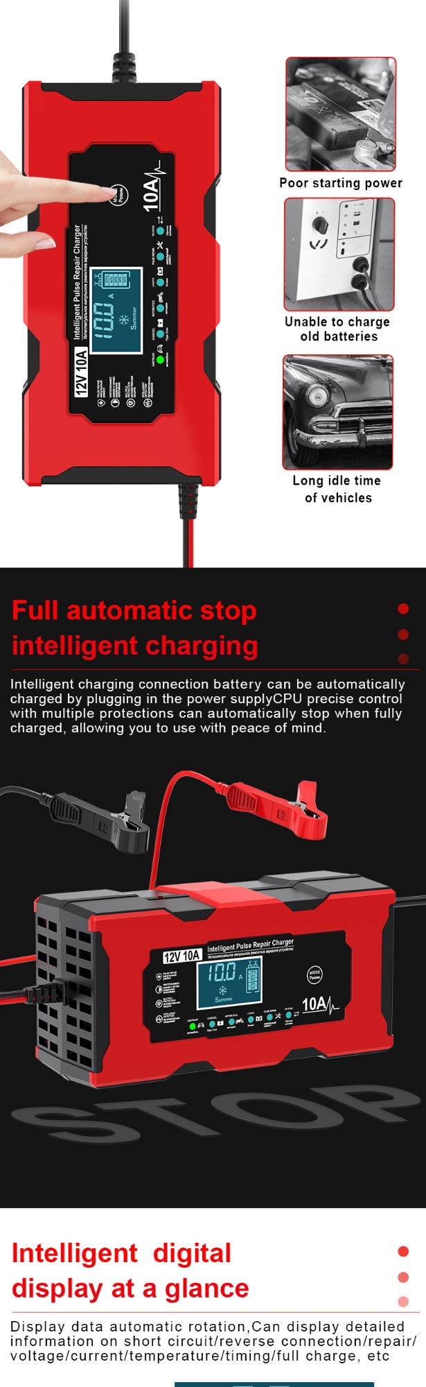 12V 6A LiFePO4 Motorcycle Battery Charger – Smart Charge, Overcharge Protection, Multi-Plug