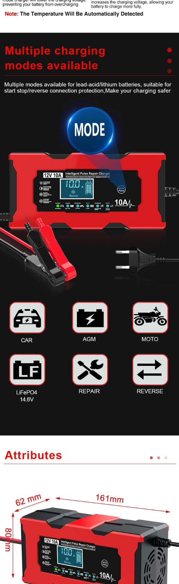 12V 6A LiFePO4 Motorcycle Battery Charger – Smart Charge, Overcharge Protection, Multi-Plug