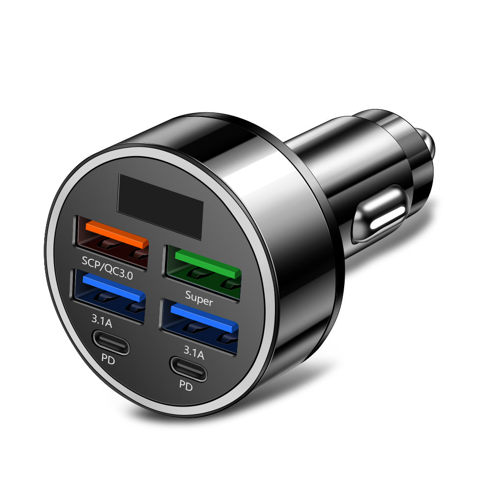 6-Port USB Car Charger – 27W Fast Charge, Digital Display, USB-A + USB-C
