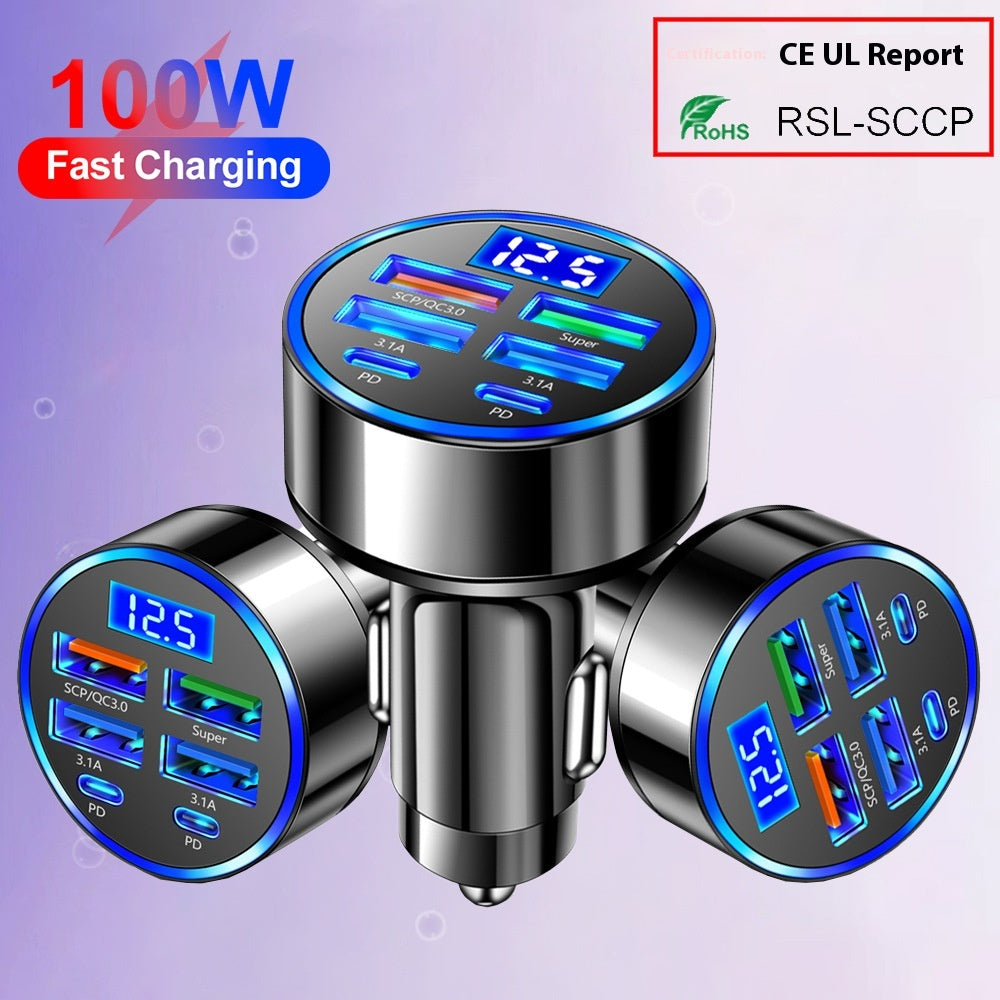 6-Port USB Car Charger – 27W Fast Charge, Digital Display, USB-A + USB-C