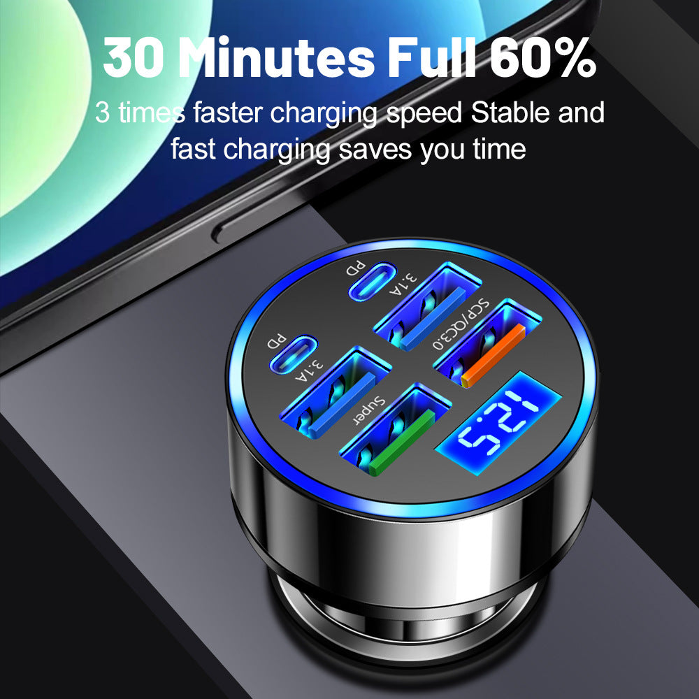 6-Port USB Car Charger – 27W Fast Charge, Digital Display, USB-A + USB-C