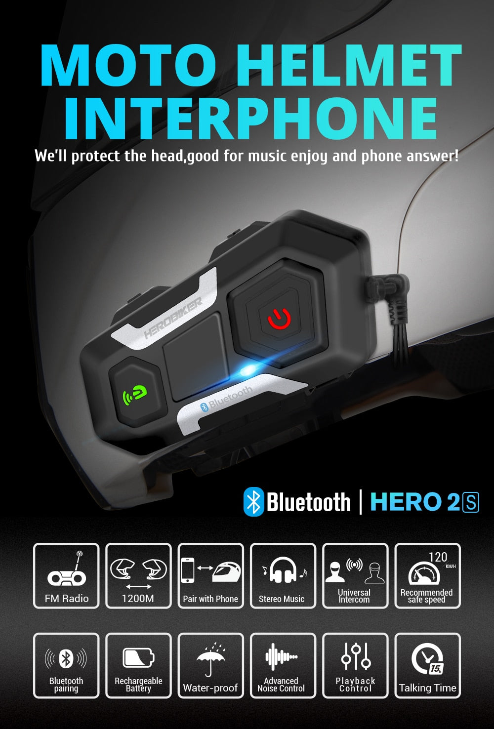 HEROBIKER 1200m Motorradhelm-Gegensprechanlage – Wasserdichtes Bluetooth-Headset