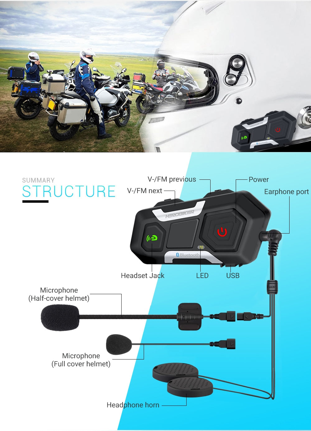 HEROBIKER 1200m Motorradhelm-Gegensprechanlage – Wasserdichtes Bluetooth-Headset