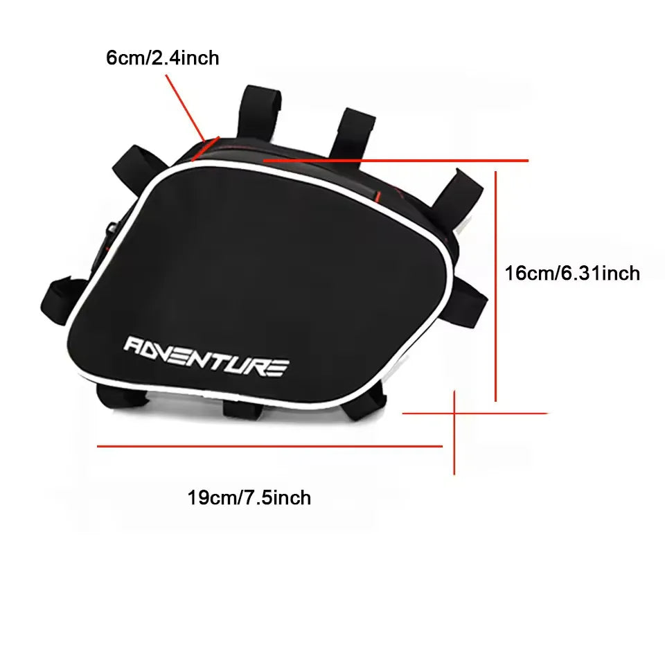 Black motorcycle crash bar storage bag
