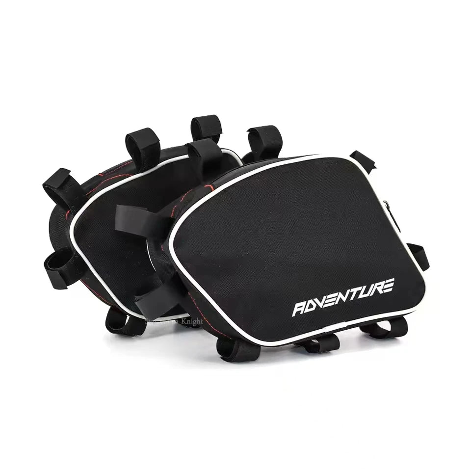 Motorcycle crash bar storage bag for adventure bike