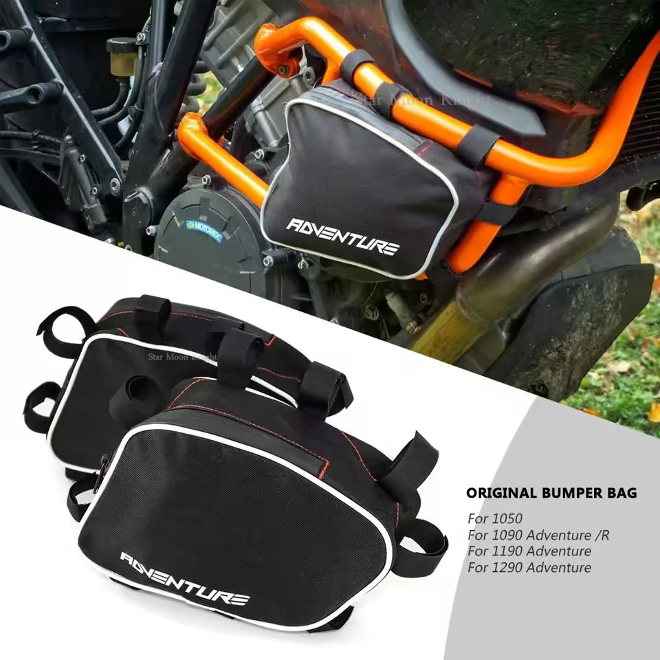 Motorcycle crash bar bags mounted on ADV motorcycle